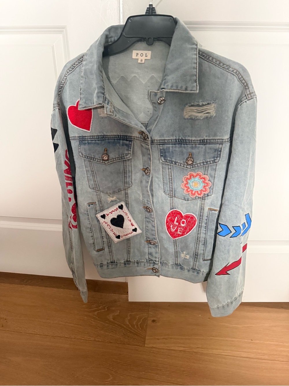 POL Light Blue Denim Jacket with Red Heart & Multicolor Patches